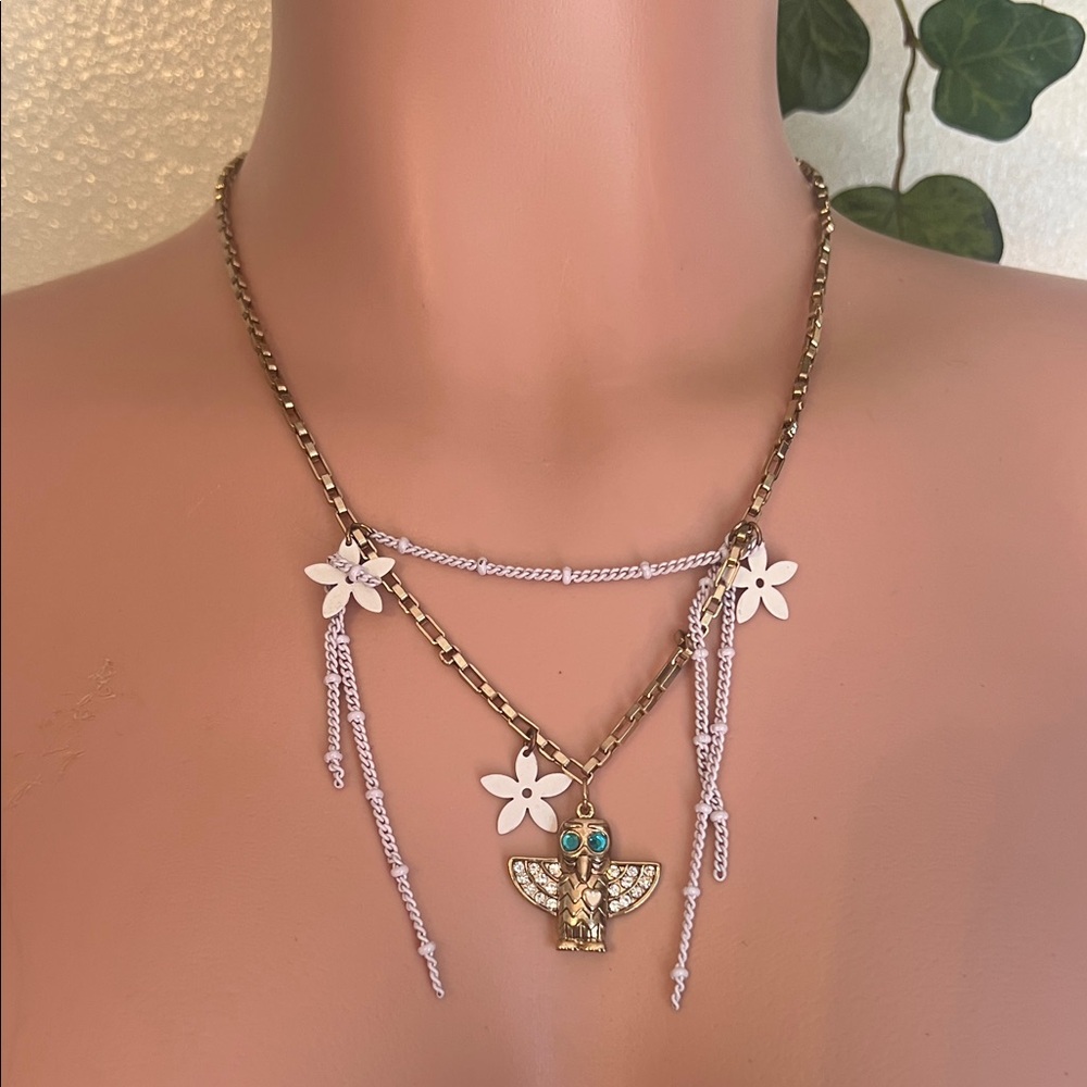 Betsey Johnson Gold Owl Pendant Necklace with White Flower Charms